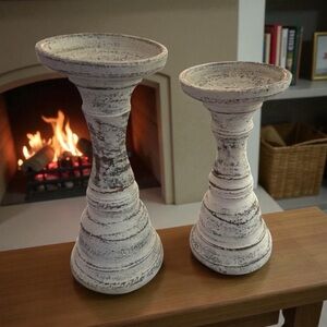 Rustic White Candle Holders Set